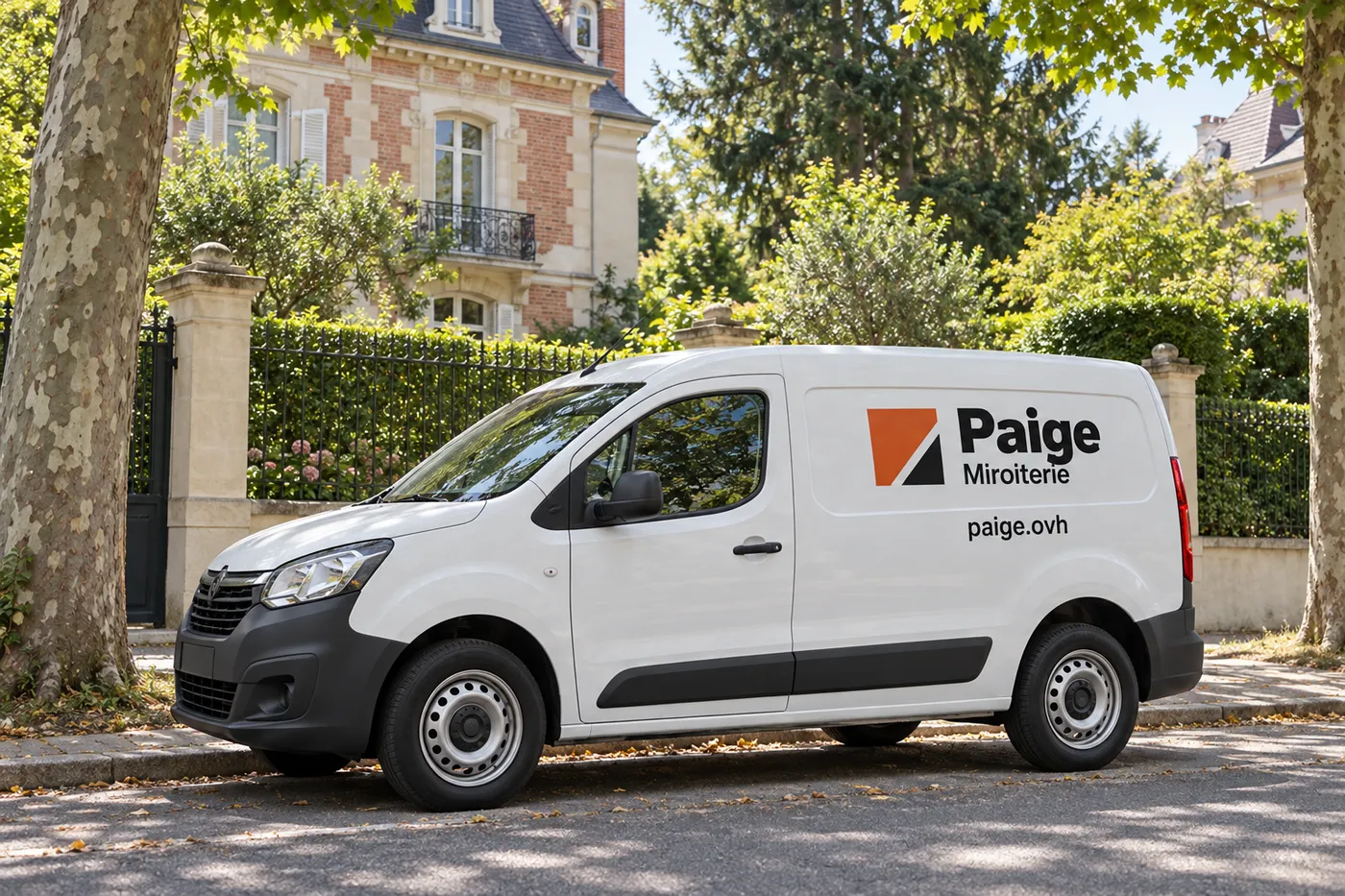 Fourgon blanc Paige Miroiterie marqué paige.ovh, garé dans une allée arborée du Vésinet