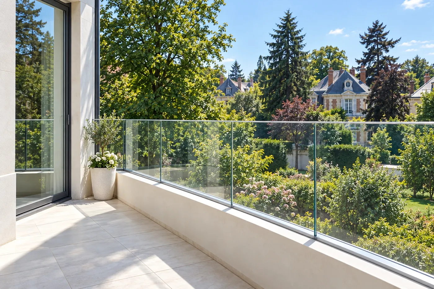 Garde-corps en verre feuilleté sur une terrasse donnant sur des villas arborées des Yvelines